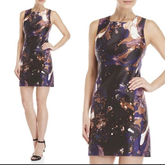 Karen Millen Abstract Print Sleeveless Mini Sheath Dress Purple  Size 4 New - Picture 1 of 16